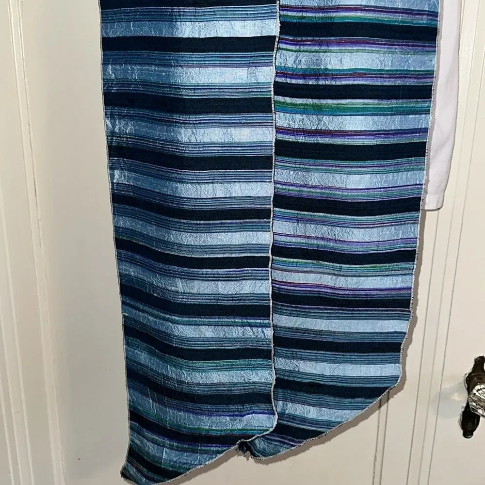 Striped‎ light blue, purple, green, red & navy blue striped shantung silk scarf